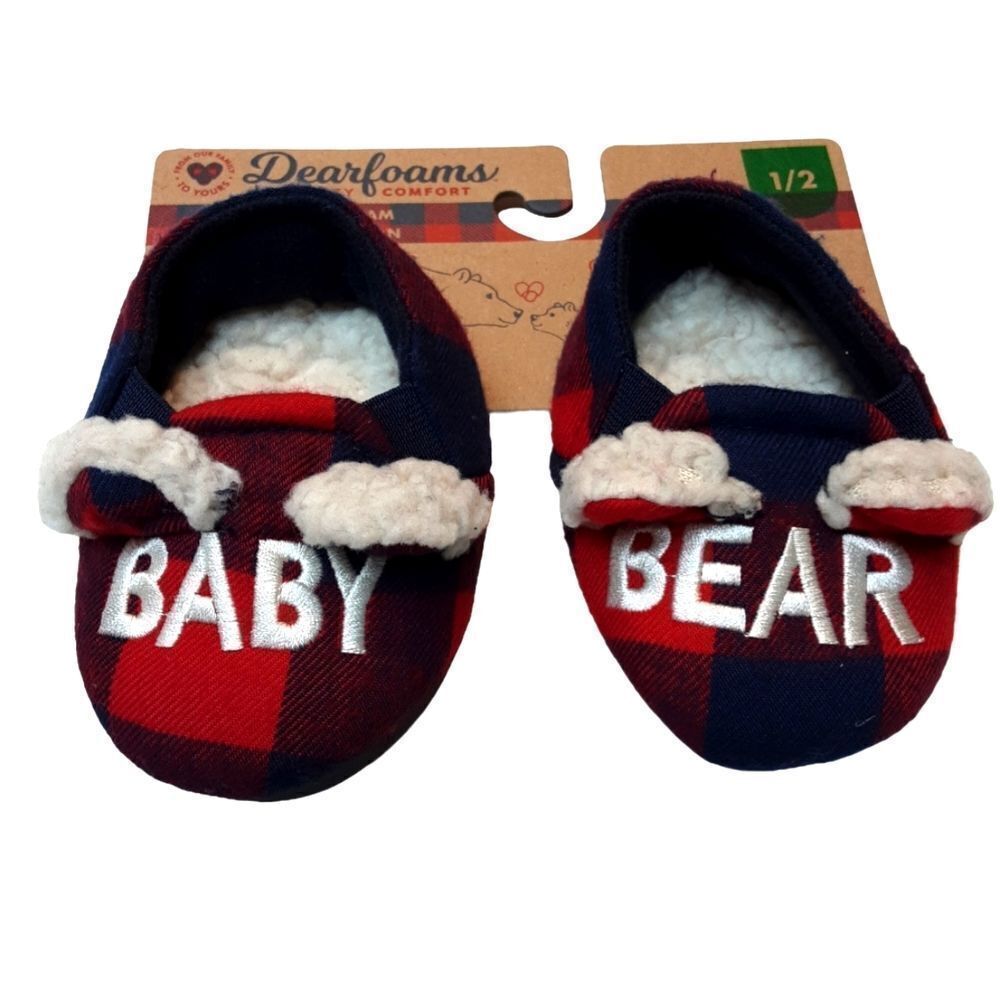 Dearfoams Slippers Infant Cozy Baby Bear Boots‎ Navy Red Plaid sz 1-2 New